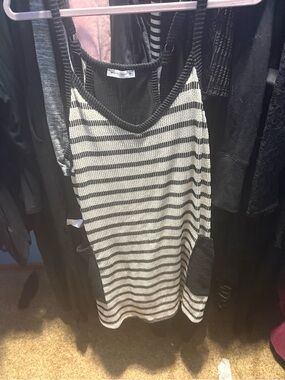 Striped Black and White Knit Midi Dress with Pocket